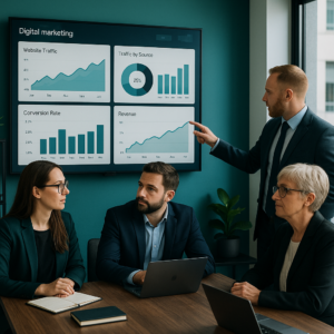 UK business team reviewing digital marketing performance and growth charts — Hulme Tech