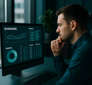 SEO specialist reviewing rankings and keyword reports for a UK business — Hulme Tech