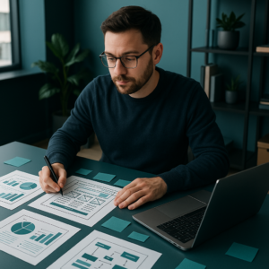 Small UK business owner planning a digital marketing campaign with charts and website strategy — Hulme Tech