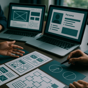 Website planning workshop with wireframes, laptop screens, and growth strategy discussion — Hulme Tech