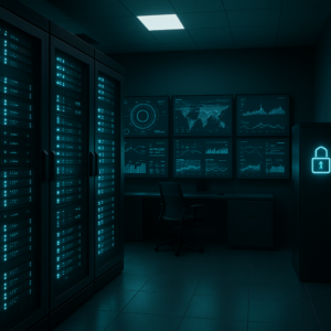 Modern data centre and hosting operations scene with secure server infrastructure — Hulme Tech