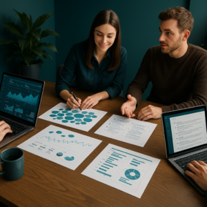 SEO content planning session with keyword maps, outlines, and analytics reports — Hulme Tech