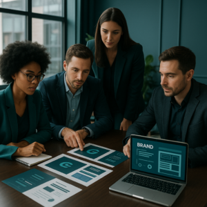 Business team reviewing brand consistency, website messaging, and online presence strategy — Hulme Tech