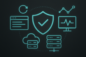 Secure managed website hosting concept with shield, backup, monitoring and cloud server elements, polished marketing illustration, dark charcoal with teal highlights, no text, no logos