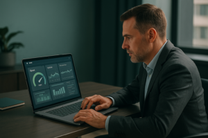 Professional business owner reviewing website speed and reliability on a laptop dashboard, hosting performance concept, modern office, subtle teal and charcoal palette, realistic editorial style, no text