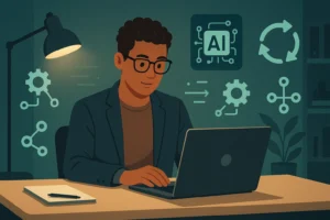 Small business owner using AI automation tools at their desk — Hulme Tech
