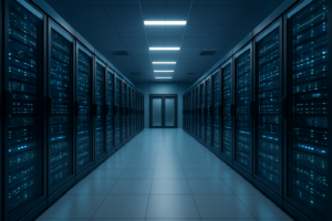 Modern data centre server racks with teal lighting — Hulme Tech hosting solutions