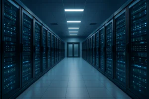 Modern data centre server racks with teal lighting — Hulme Tech hosting solutions