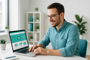 Small business owner working on laptop with website displayed — Hulme Tech shared hosting