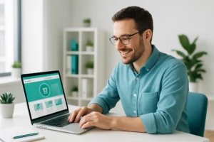 Small business owner working on laptop with website displayed — Hulme Tech shared hosting