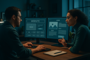 Web developer and designer collaborating on a website build — Hulme Tech website development