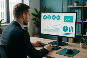 Digital marketing professional reviewing campaign analytics — Hulme Tech marketing services