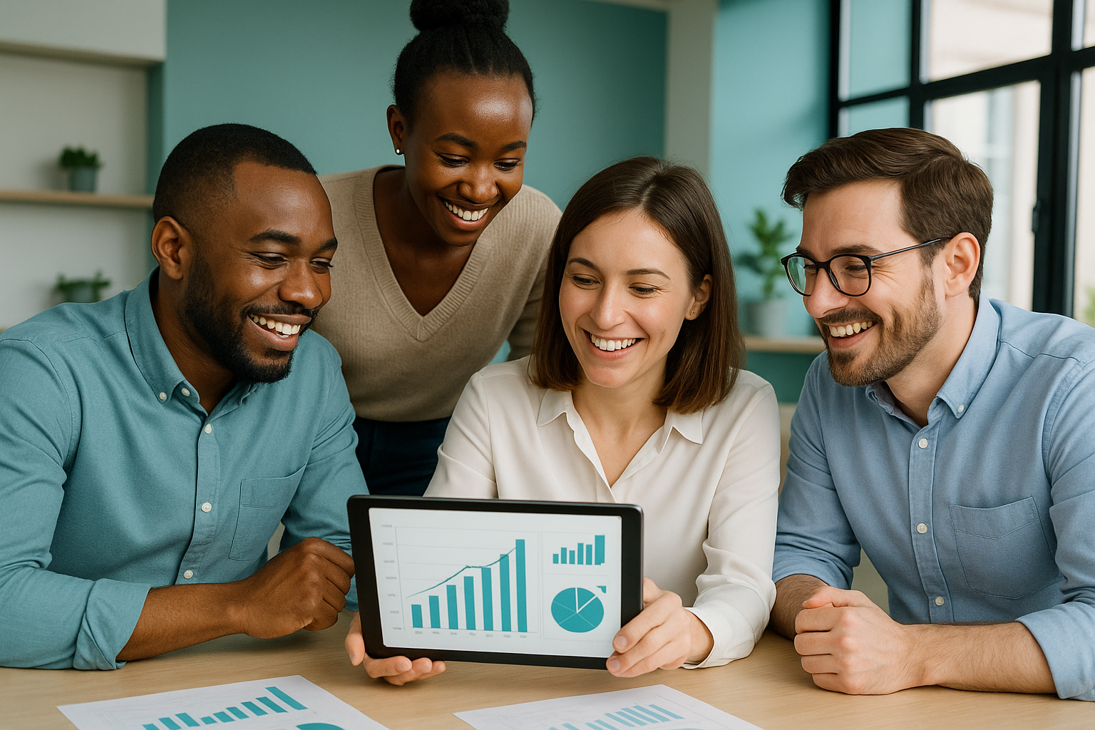 Small business team reviewing AI automation results and growth charts — Hulme Tech