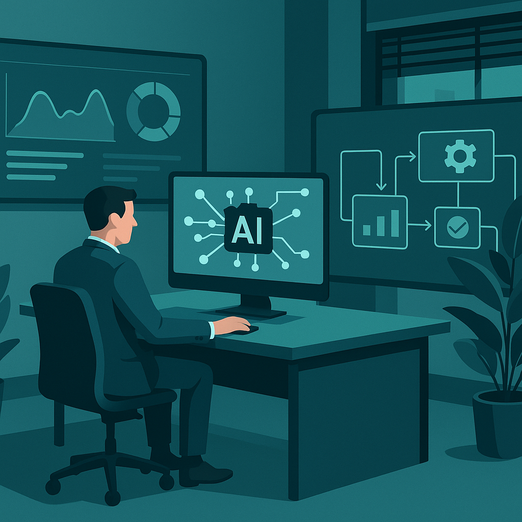 Clean AI automation workflow scene for a UK business with dashboards and modern office setup — Hulme Tech
